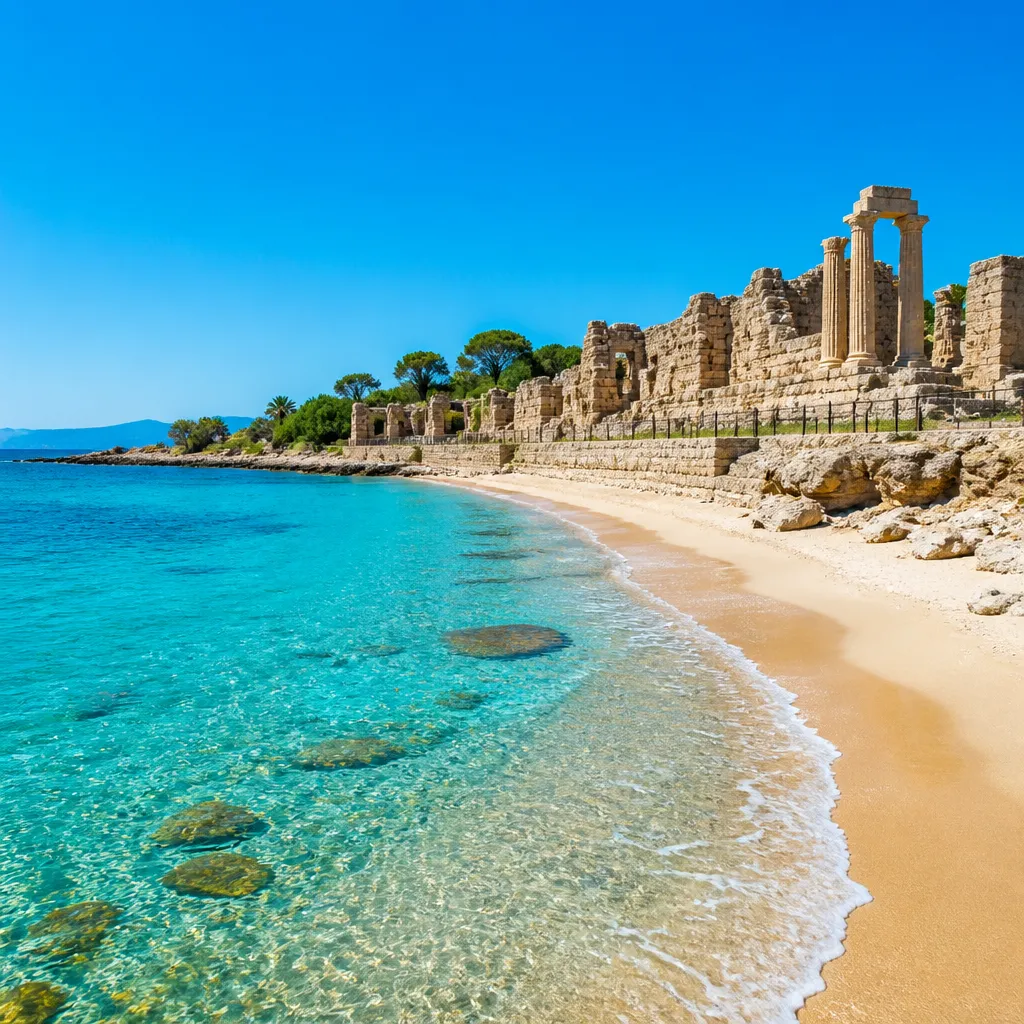 Türkisblaues Meer an der türkischen Riviera bei Side mit Sandstrand und antiken Ruinen im Hintergrund