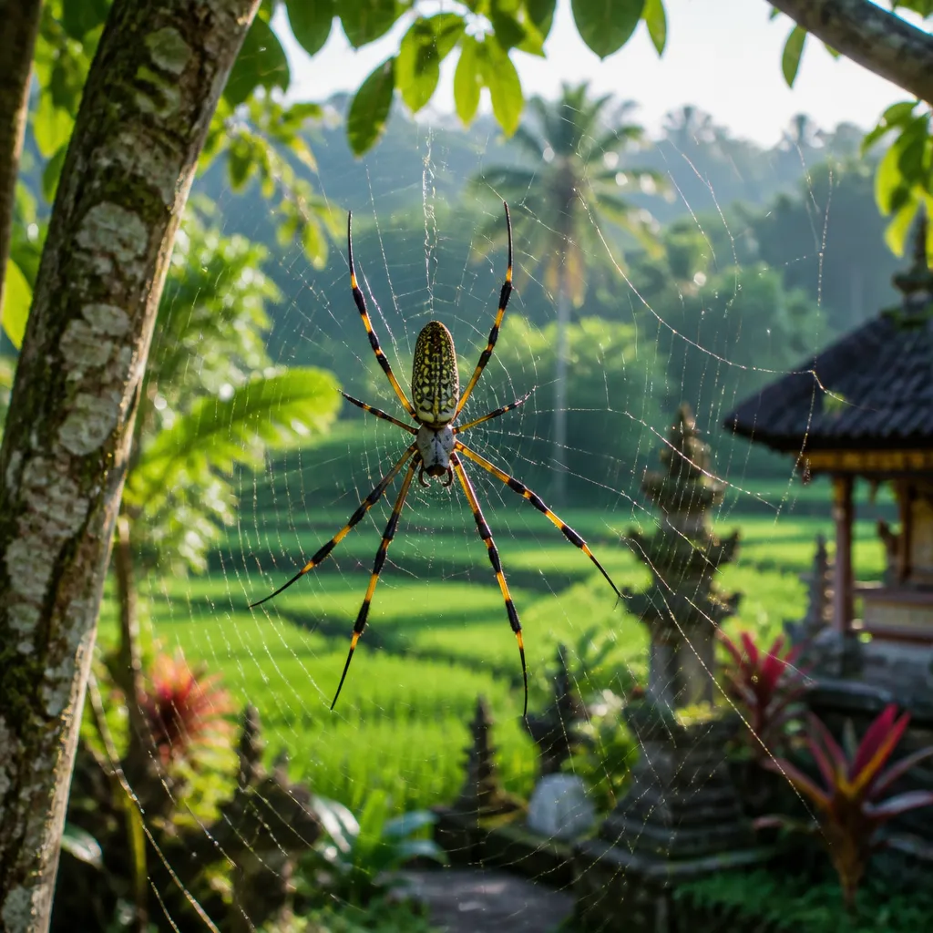 Goldene Bananenspinne im Netz zwischen tropischen Pflanzen auf Bali
