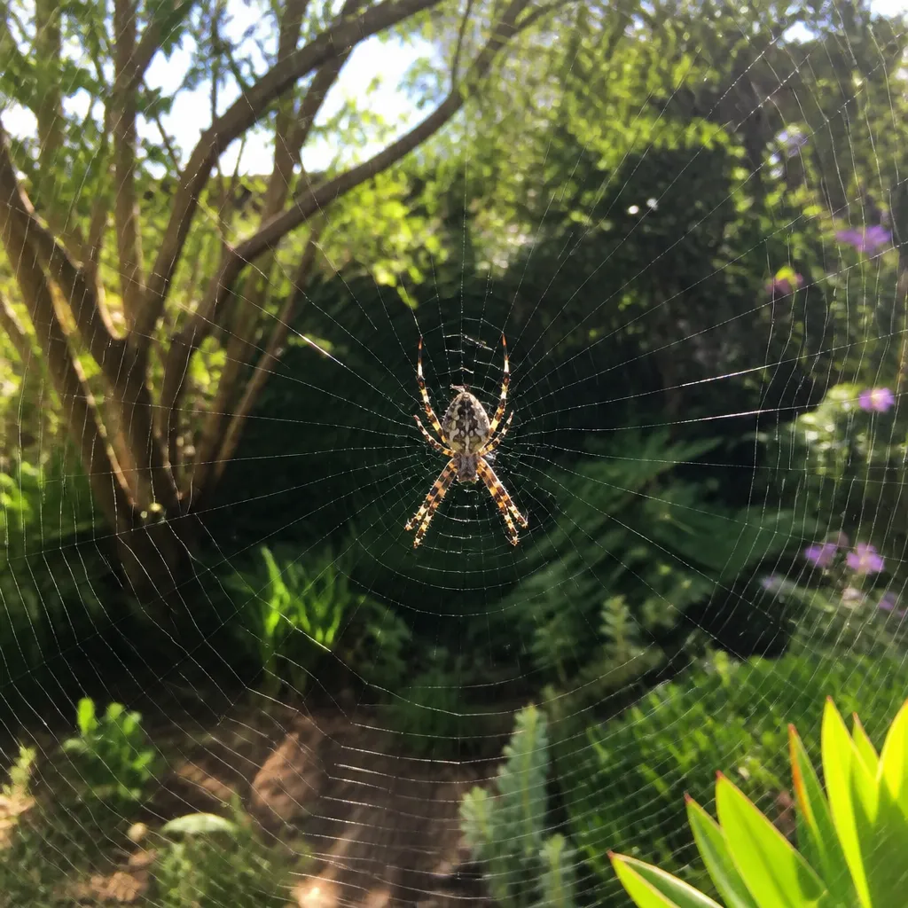 Spinne im Netz während der Spinnensaison in einem australischen Garten im Frühling