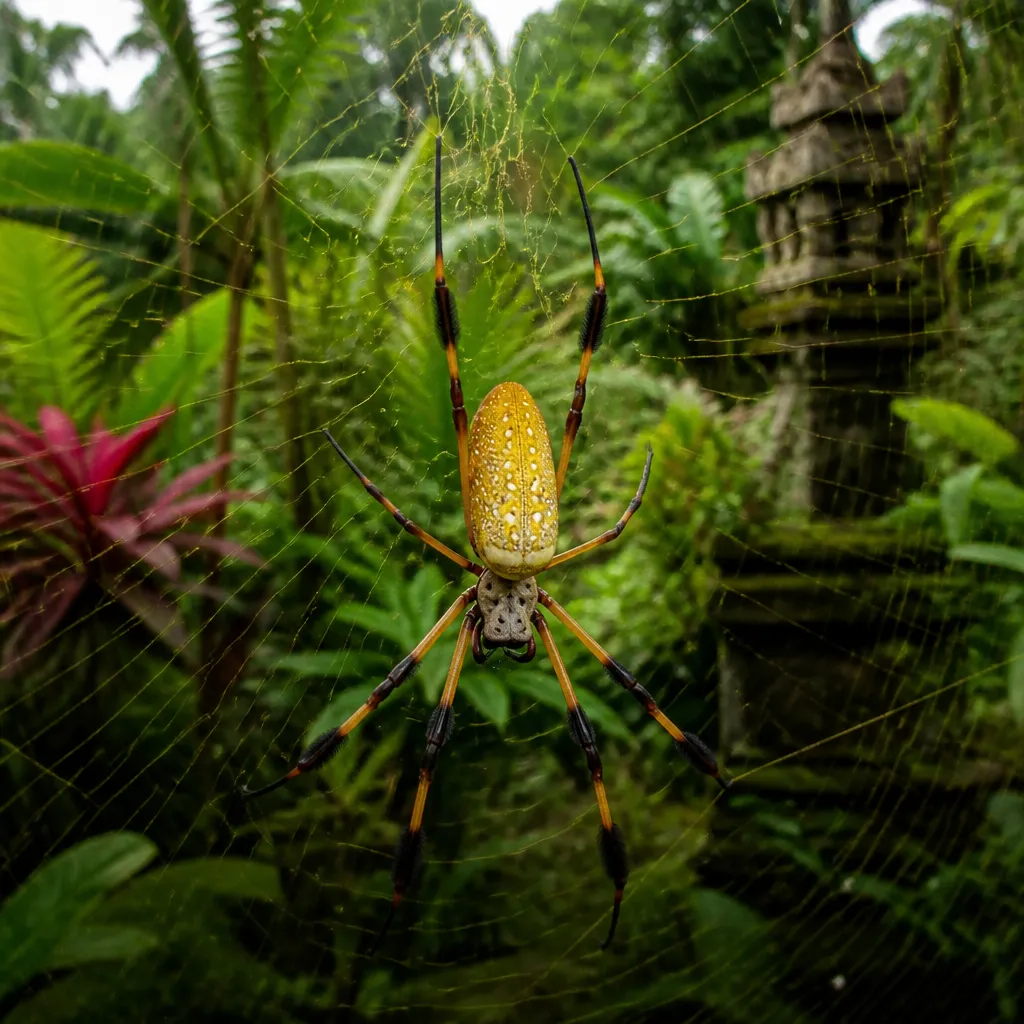 Große goldene Bananenspinne in ihrem Netz zwischen tropischen Pflanzen auf Bali