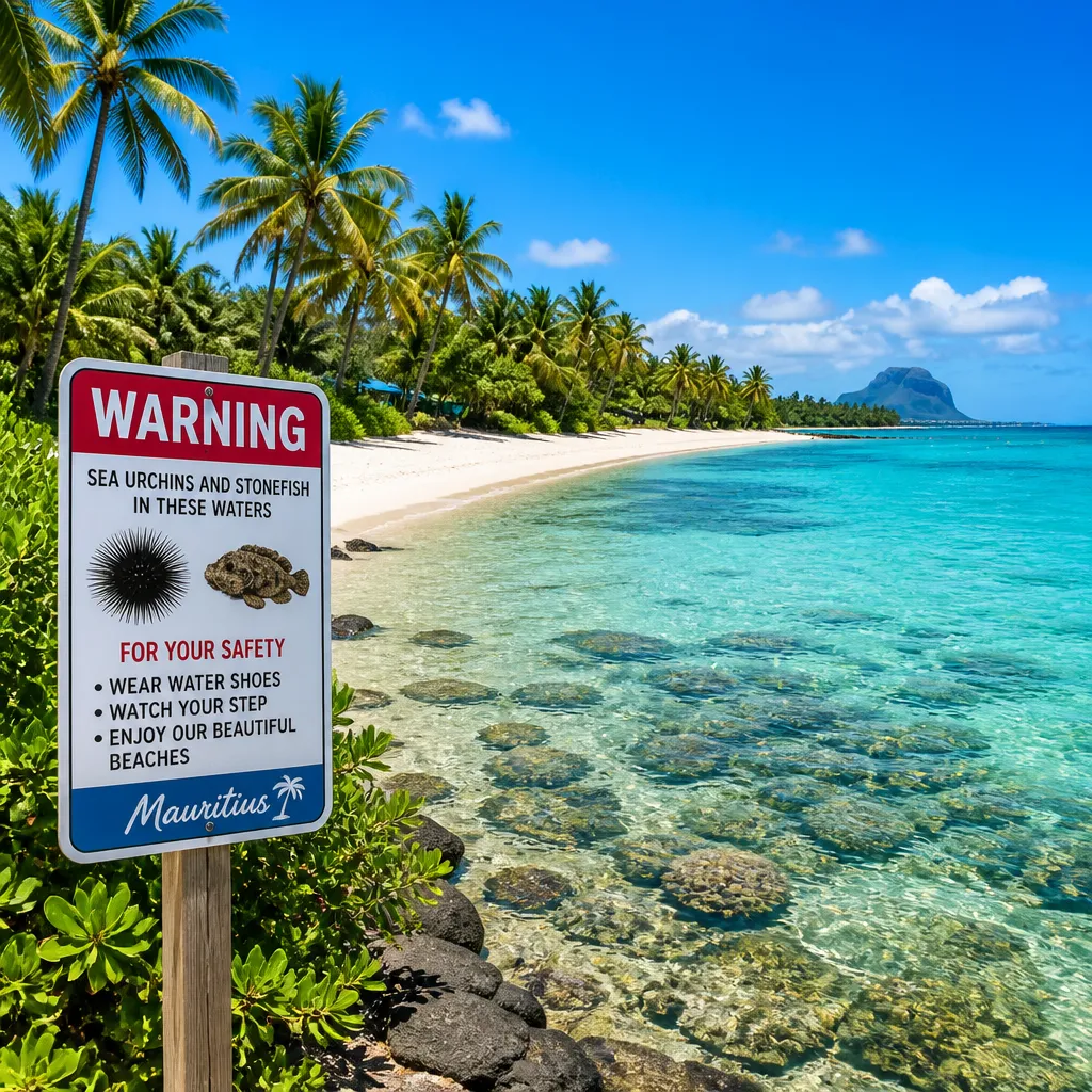 Türkisfarbenes Meer mit Korallenriff vor einem tropischen Strand auf Mauritius