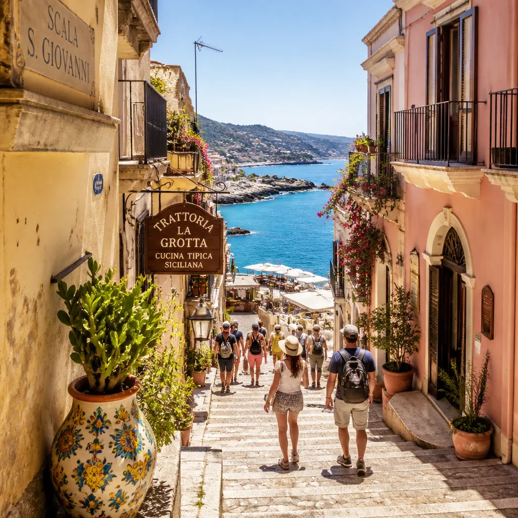 Sonnige Gasse in einer sizilianischen Küstenstadt mit Touristen und Meerblick