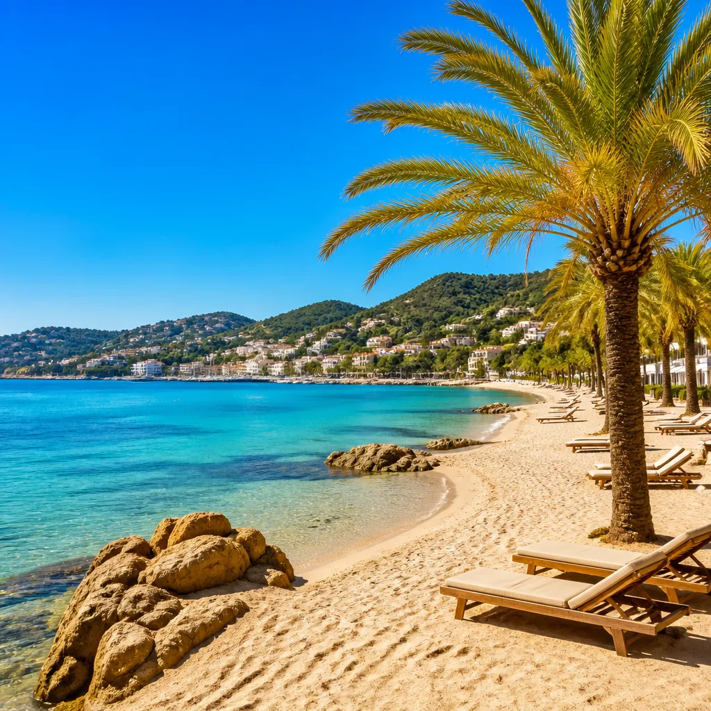 Sonniger Mittelmeerstrand mit türkisem Wasser und wenigen Urlaubern im September