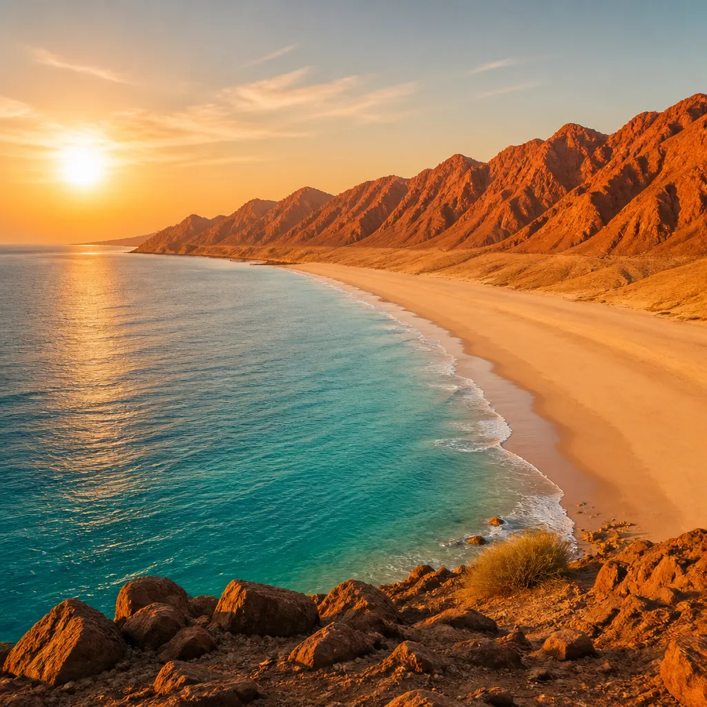 Ruhige Küste am Roten Meer bei Sonnenuntergang mit klarem Wasser und Wüstenbergen im Hintergrund