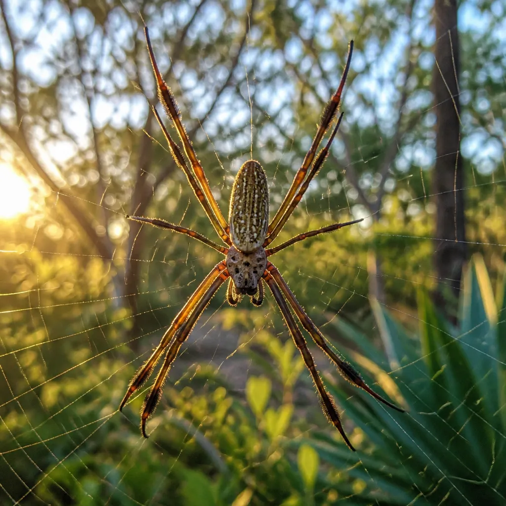 Spinne im Netz vor australischer Buschlandschaft während der Spinnensaison