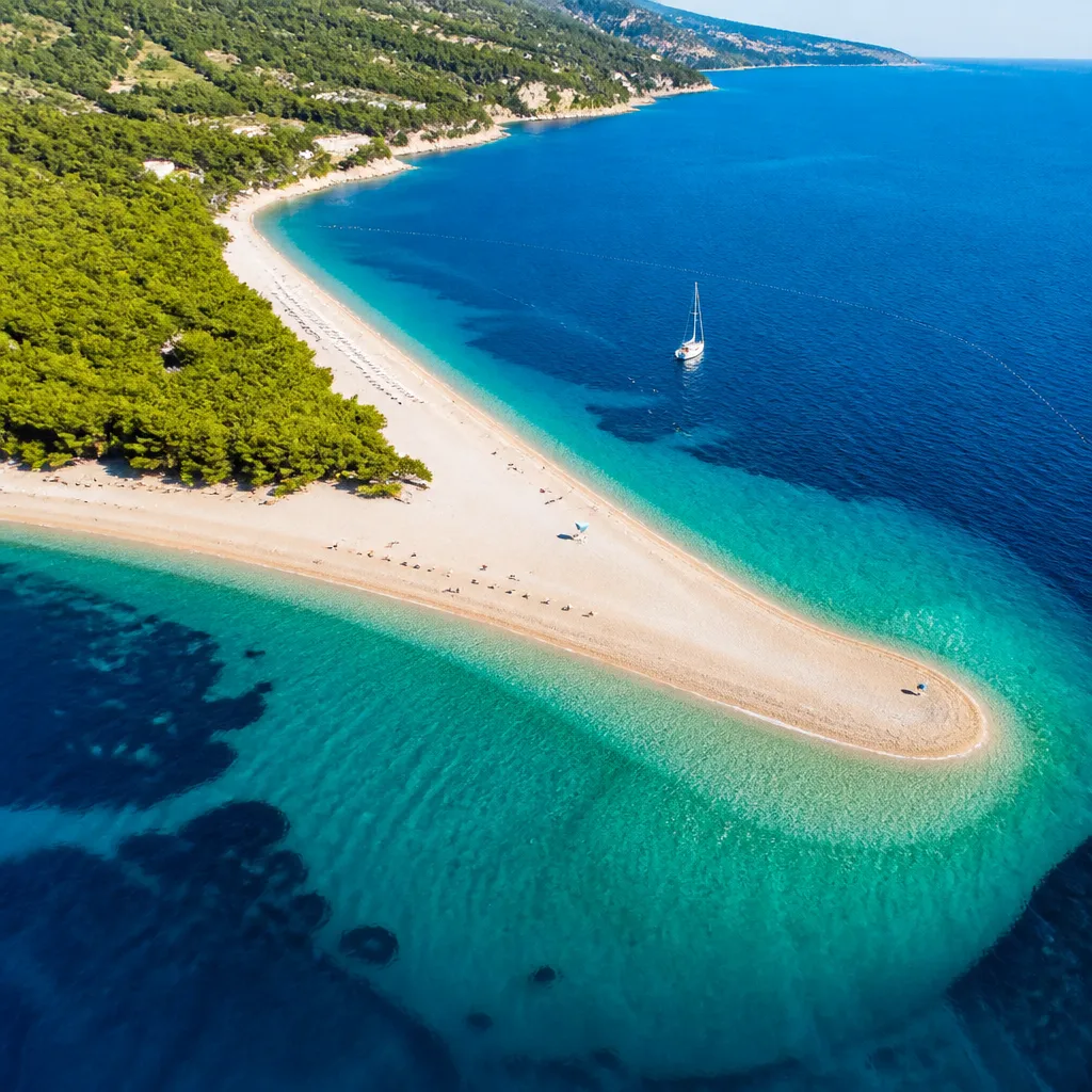 Türkisblaues Meer umgibt eine hornförmige Kiesstrand-Landzunge an der kroatischen Küste