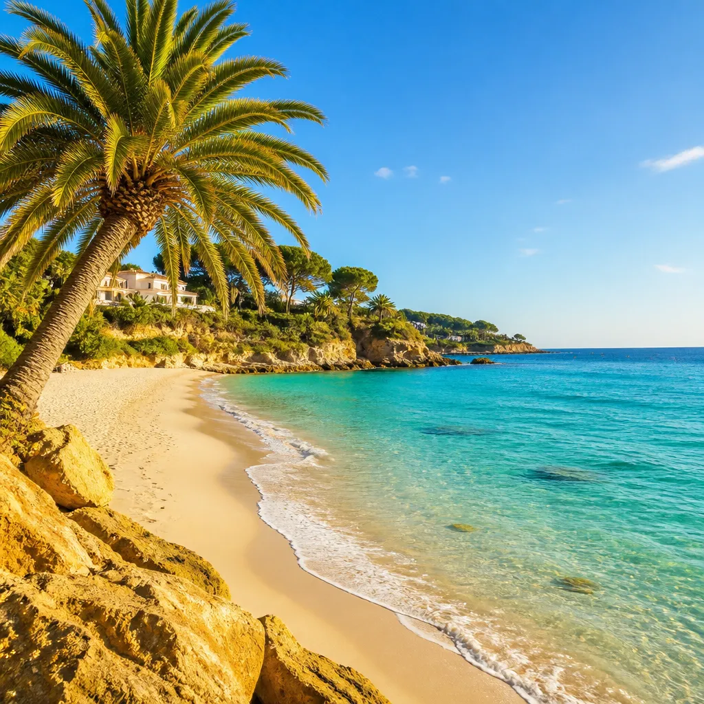 Sonniger Strand mit türkisfarbenem Meer und Palmen als Sinnbild für warme Reiseziele im Oktober