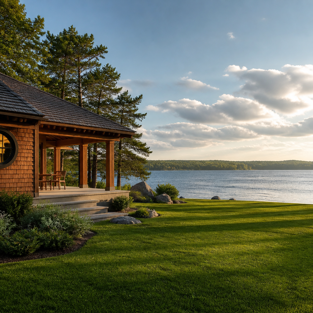 Naturbelassenes Ufer und Holzbau-Pavillon am Strandbad Wallhausen im goldenen Nachmittagslicht